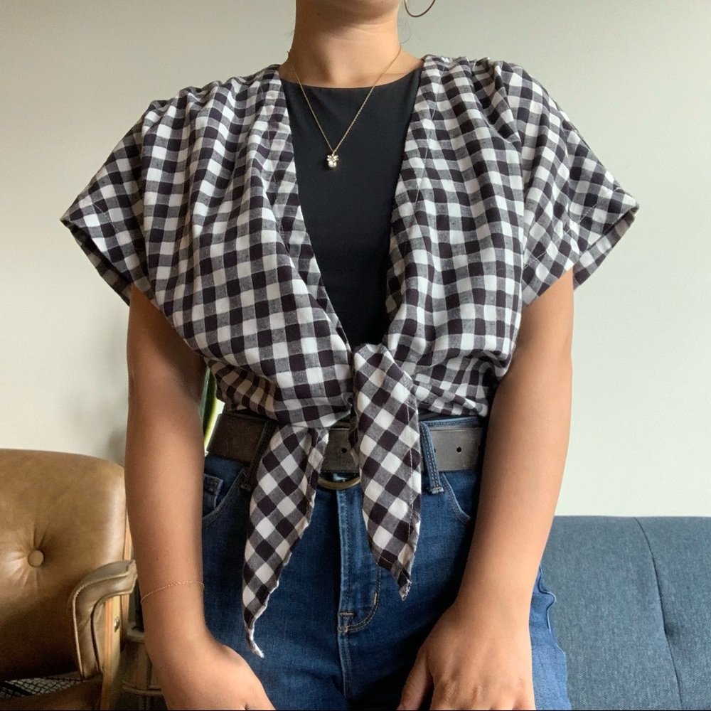 UO Gingham Tie Front Short Sleeve Blouse / Coverup